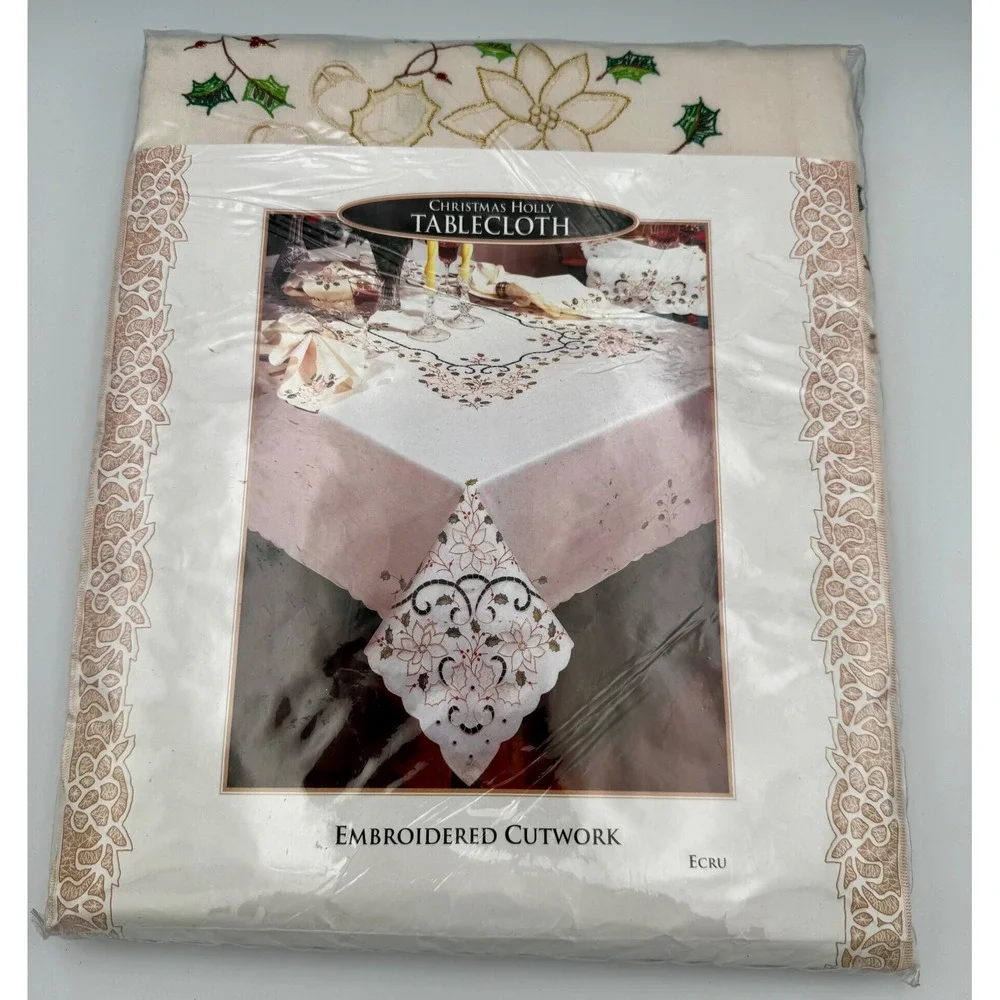 Vtg 1995 Christmas Holly Tablecloth 66x84 Oblong NIP Embroidered Cutwork Ecru